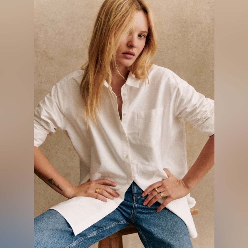 Sezane Max Organic Cotton Shirt. Ecru / White